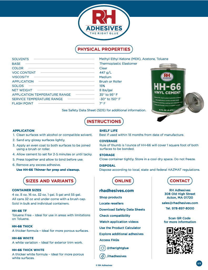 thumbnail interactive-video image 1 of HH-66 Vinyl Cement – 16 Oz. Can, Clear Adhesive By RH Adhesives 1 of 3