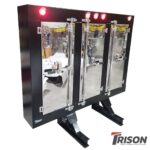 Aluminum Truck Headache Rack 68″H × 12″D × 76″W (Black Powdercoated with Stainless Cam-Lock Doors & Recessed Lights)